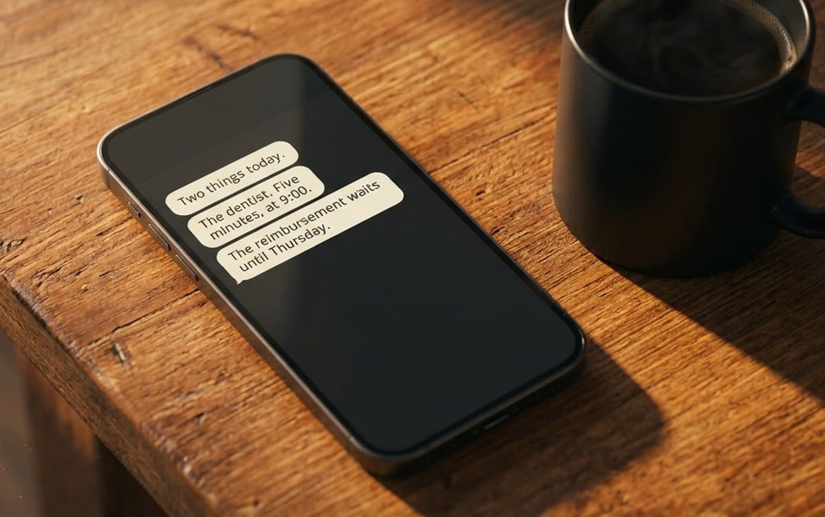 A phone on a wooden table in morning sunlight, showing the two things for today: the dentist at nine, and the reimbursement waiting until Thursday.